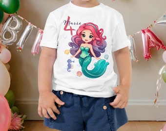 T-Shirt short sleeve girls shirt mermaid children pink white birthday shirt 4 years with name personalized 4th birthday