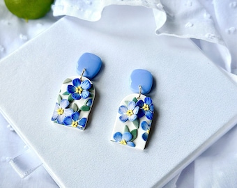 Forget Me Not Blue Earrings Unique Dainty Myosotis Flower Earrings on a Stainless Steel Base Realistic Floral