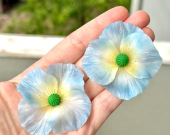 Handmade Light Blue Icelandic Poppy Statement Earrings | Realistic Flower Jewelry, Gift for Her
