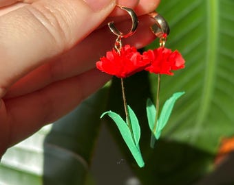 Red Carnation Flower Earrings, 18k Gold Plated Brass, Lightweight Floral Jewelry