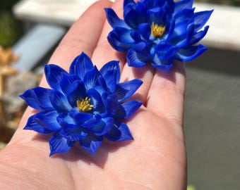 Handmade Polymer Clay Blue Water Lily Earrings: Floral Lotus Studs