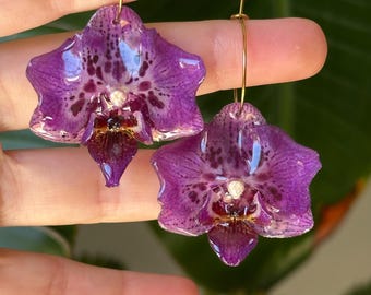 Real Preserved Pearlescent Purple Orchid Earrings with Crystal, Handmade Jewelry