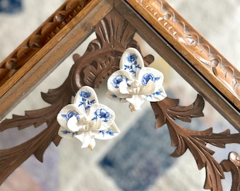 Vintage Chinoiserie Inspired Orchid Earrings with freshwater pearl
