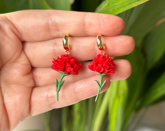 Red Carnation Flower Earrings, Carnation Earrings, Birth Flower Earrings, Floral Jewelry,m, Handmade Gift - MADE TO ORDER