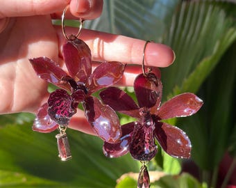Real Preserved Orchid Earrings, Burgundy Cymbidium Flower, Resin Pendant Jewelry