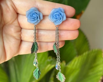 Periwinkle Rose Cascade Earrings, Handmade Polymer Clay Floral Dangle Jewelry