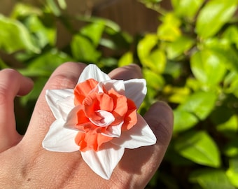 Handmade Daffodil Ring – White and Orange Polymer Clay, Adjustable Band