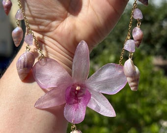 Real Orchid necklace with real seashells - purple dendrobium