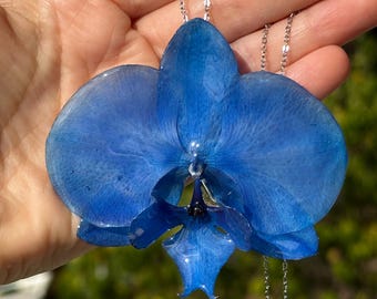 Real Preserved Blue Orchid Necklace: Statement Flower Jewelry stainless steel chain