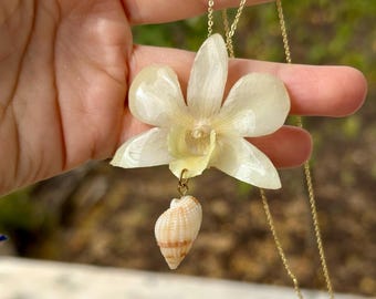 Real Preserved Dendrobium Orchid Necklace | Seashell Charm, Gold Chain (Boho Beach Jewelry)