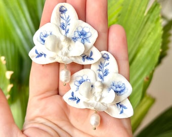 Vintage Chinoiserie Inspired Orchid Earrings with freshwater pearl