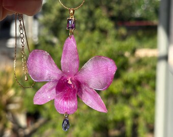 Real Orchid Statement Necklace: Preserved Purple Phalaneopsis, Glass Crystals