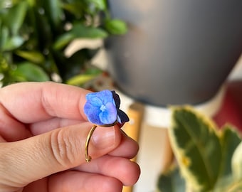 Blue Hydrangea Ring - Handmade Polymer Clay Adjustable Ring, Cluster of 3 Flowers, Lightweight Realistic Jewelry, Unique Gift for Her