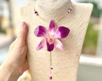 Real Orchid necklace with real stones - purple dendrobium