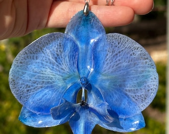 Real Preserved Blue Orchid Necklace: Handmade Stainless Steel Chain