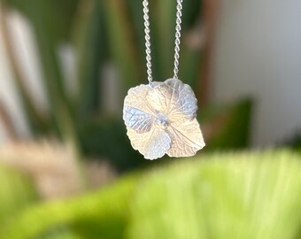 Handmade Sterling Silver Hydrangea Pendant Necklace, Botanical Jewelry (42cm Chain)