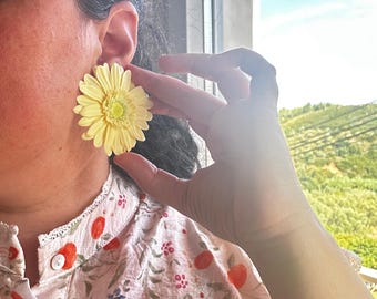 Handmade Pale Yellow Gerbera Daisy Earrings | Polymer Clay Floral Jewelry