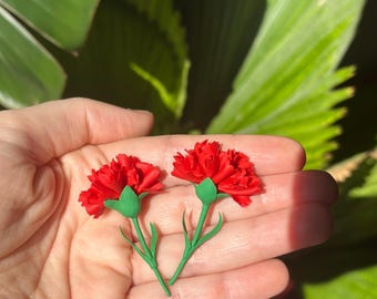 Red Carnation Flower Earrings, Handmade Polymer Clay Floral Jewelry, Surgical Steel post