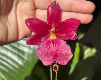Real Preserved Orchid Necklace: Purple Spotted Cambria, Stainless Steel