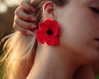 Red Poppy Earrings, Handmade Polymer Clay Floral Studs