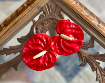 Handmade Red Anthurium earrings made with polymer clay statement earrings Laceleaf flower