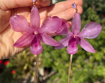 Real Preserved Orchid Earrings with purple crystal – Purple Phalaenopsis Chandelier Jewelry