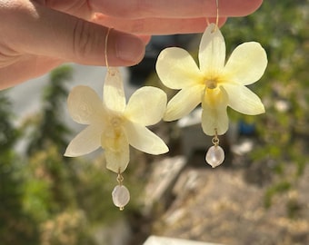 Preserved Orchid Earrings with Freshwater Pearl | Gold Hoop Botanical Jewelry