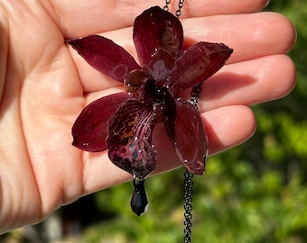 Real Cymbidium Orchid Necklace • Preserved Burgundy Flower Pendant • Gothic Botanical Jewelry