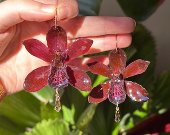 Real Preserved Orchid Earrings, Burgundy Cymbidium Flower, Resin Pendant Jewelry