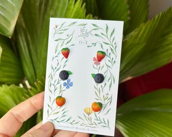Handmade Polymer Clay Fruit Stud Earrings – Strawberry, Blueberry, Peach Jewelry
