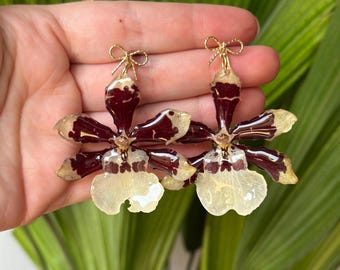 Real Preserved Orchid Earrings: 18k Gold Bow, Unique Floral Jewelry