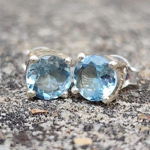 Aquamarine Stud Earrings | Sterling Silver Gemstone Studs | Blue Earrings | Dainty March Birthstone Jewelry Gift for Her