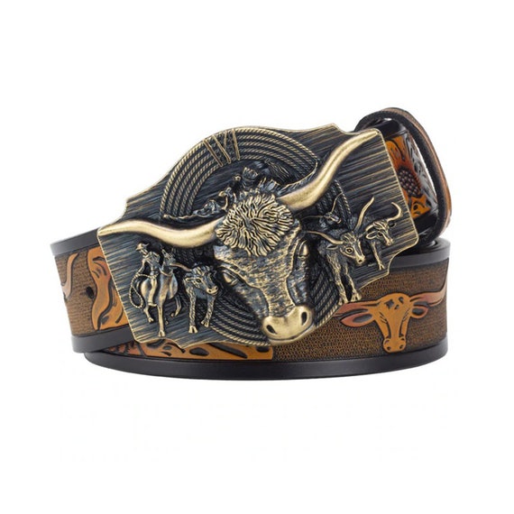 Rodeo Western Bull Buffalo Head Cow Wrangler Leather Belt