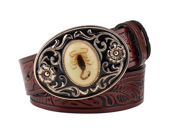 Scorpion Decorative Ornate Vintage Buckle Leather Belt | Pin Buckle Embossed Split Leather Cowhide Glow In The Dark