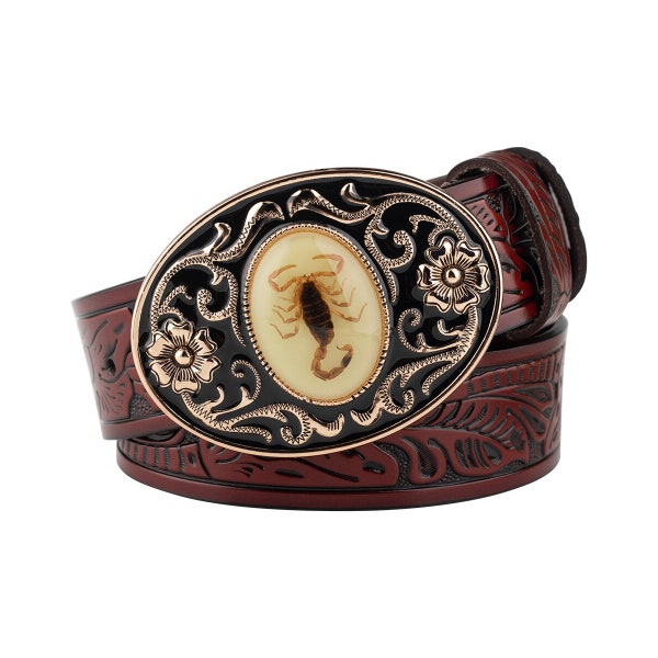 Scorpion Decorative Ornate Vintage Buckle Leather Belt | Pin Buckle Embossed Split Leather Cowhide Glow In The Dark