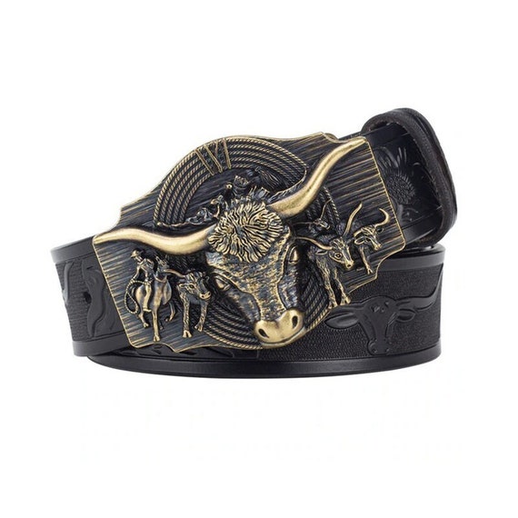 NEW Brown vegan Western Belt with Bull Skull Buckle Cow Skull Belt Buckle – Louisa B Designs main image 2