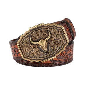 Floral Western Bull Skull Leather Belt | Buckle Embossed Split Leather Cowhide