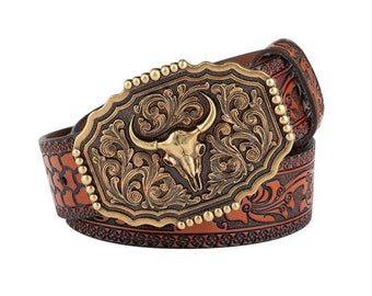 NEW Brown vegan Western Belt with Bull Skull Buckle Cow Skull Belt Buckle – Louisa B Designs main image 3