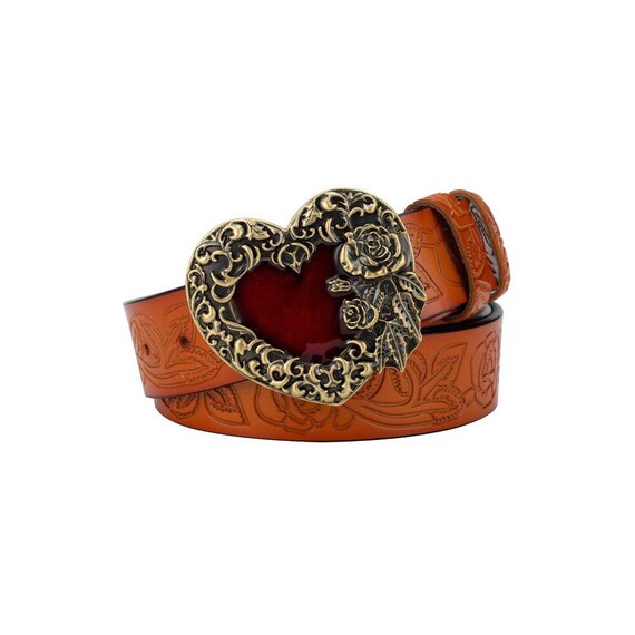 Red Floral Heart Enamel Leather Belt Buckle Embossed Split  display picture 3