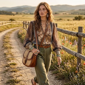 May include: A long-sleeved blouse with a brown and cream paisley pattern, olive green trousers, and a brown leather belt. A tan woven crossbody bag with brown leather trim is worn over the shoulder. The outfit includes layered necklaces and bracelets.