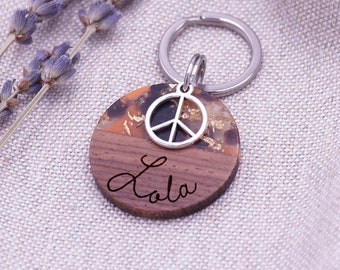 Dog tag wood and resin orange glitter engraved with pendant 28.5 mm