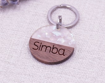 Dog tags wood and resin 28.5 mm engraved white glitter