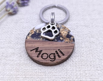 Dog tag wood and resin black glitter engraved with pendant 28.5 mm