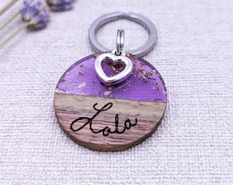 Dog tag wood and resin purple glitter engraved with pendant 28.5 mm