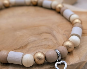 EM Keramik Hundehalsband - Natürlicher Zeckenschutz mit hellbraunen und goldenen Holzperlen und Anhänger