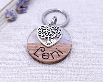 Dog tag wood and resin white glitter engraved with pendant 28.5 mm