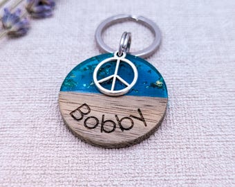 Dog tag wood and resin blue glitter engraved with pendant 28.5 mm