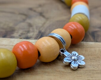 EM Ceramic Dog Collar with Wooden Beads and Pendant - Customizable, Handmade, Orange, Yellow