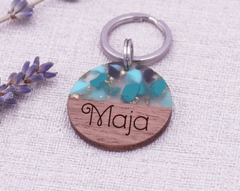 Dog tag wood and resin turquoise glitter engraved 28.5 mm