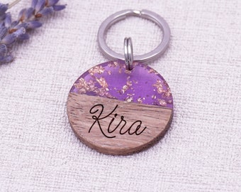 Dog tags wood and resin 28.5 mm engraved purple glitter